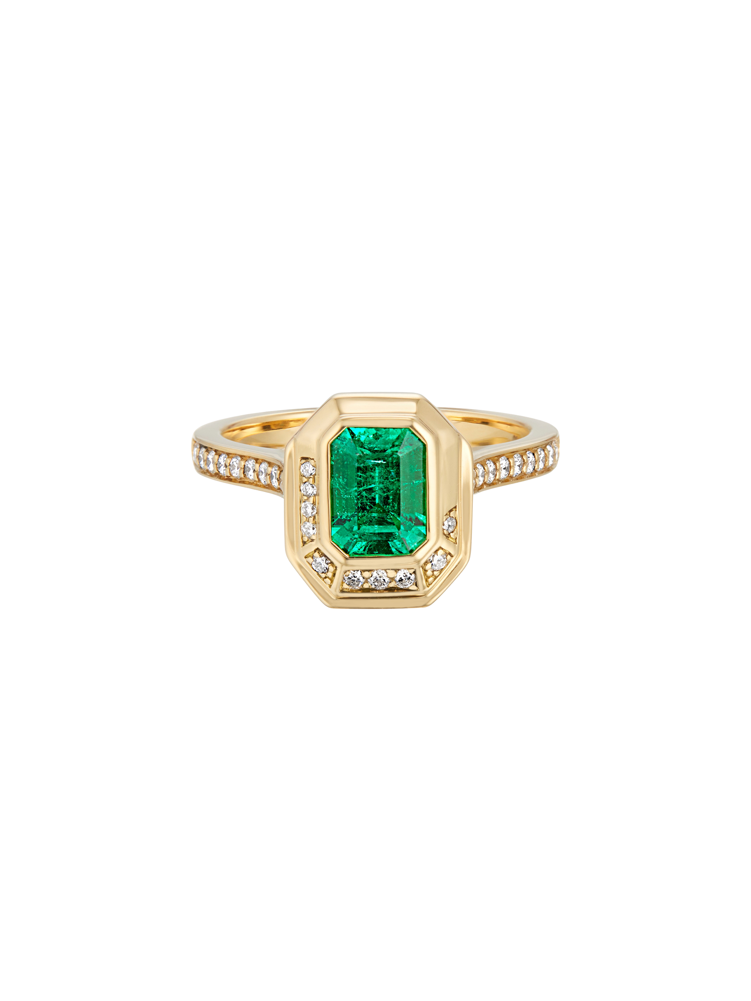 18ct yellow gold emerald cut muzo emerald & diamond engagement ring